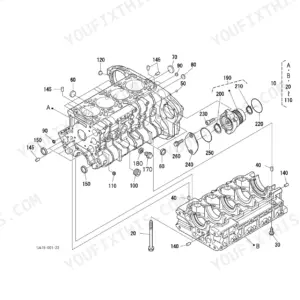 Kubota V3307-DI-T-E3B-TLTU1 engine crank case exploded view diagram showing cylinder block, bolts, and internal components.