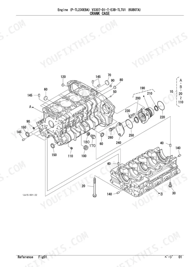kubota-v3307-di-t-e3b-tltu1-diesel-engine-parts-catalog-engine-parts-4.webp Kubota V3307-DI-T-E3B-TLTU1 engine crank case exploded view diagram showing cylinder block, bolts, and internal components.