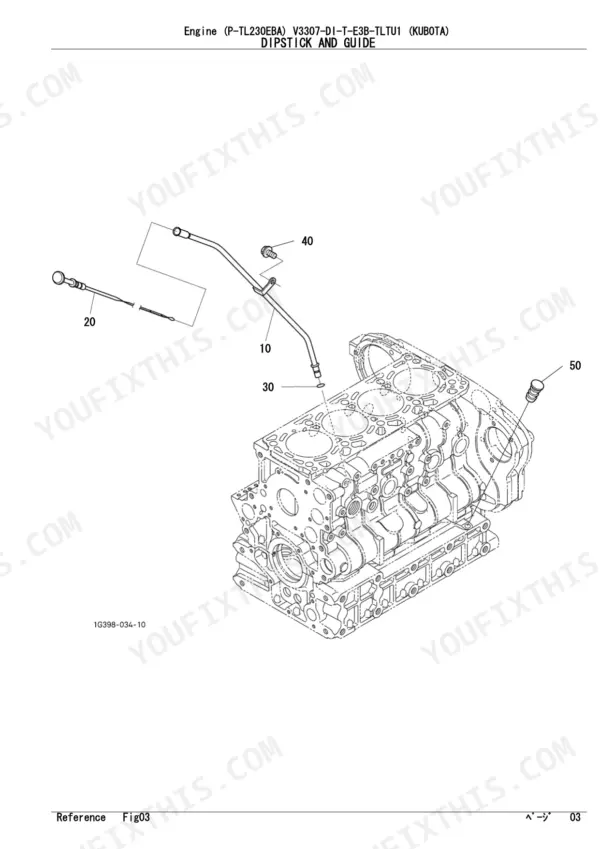 Kubota V3307-DI-T-E3B-TLTU1 exploded view diagram of the engine oil dipstick and guide assembly components.