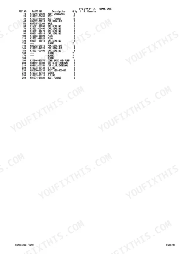 Kubota V3307-DI-T-E3B-TLTU1 crank case parts list table with reference numbers, part numbers, and component quantities.