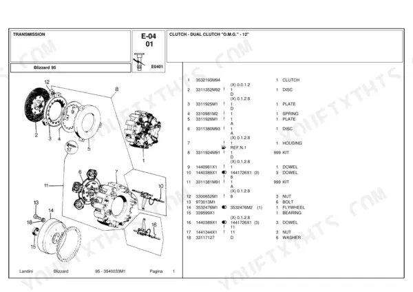 Landini Blizzard 95 exploded view diagram and parts list for the 12-inch O.M.G. dual clutch transmission assembly.