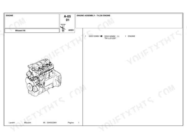 landini-blizzard-95-tractor-parts-catalog-95-3540033m1-engine-parts-46.webp Landini Blizzard 95 engine assembly parts diagram for T4.236 engine showing component view and part numbers.