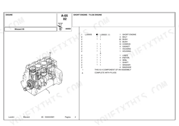 Landini Blizzard 95 short engine T4.236 parts diagram showing engine block, pistons, and conrods with component list.