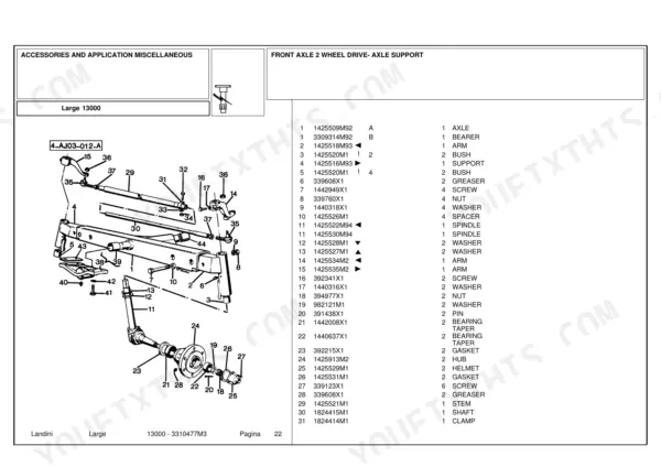 Landini Large 13000 exploded view of 2WD front axle and support with parts list for steering and hub components.