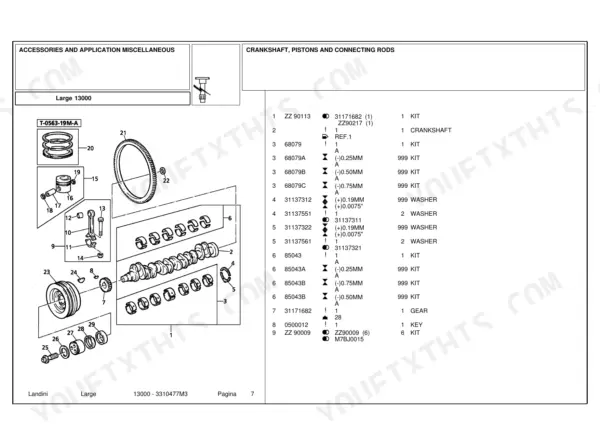 Landini Large 13000 exploded view of crankshaft, pistons, and connecting rods with parts list table.
