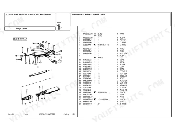 Landini Large 13000 exploded view parts diagram and list for 2-wheel drive steering cylinder assembly.