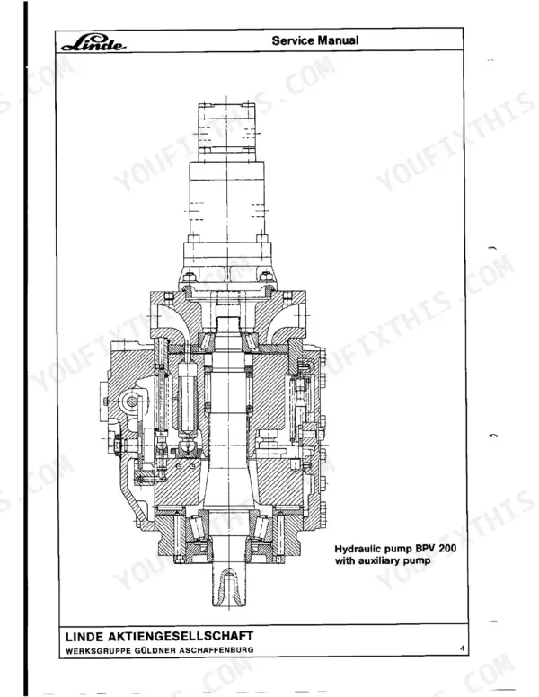Linde BPV 200 hydraulic pump service manual cross-section diagram showing the pump assembly with auxiliary pump component.