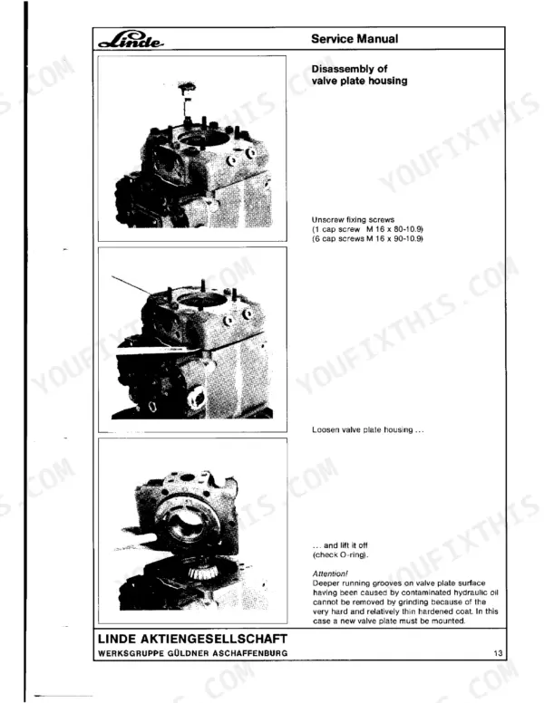 Linde BPV 200 service manual page showing valve plate housing disassembly, screw removal, and inspection procedures.