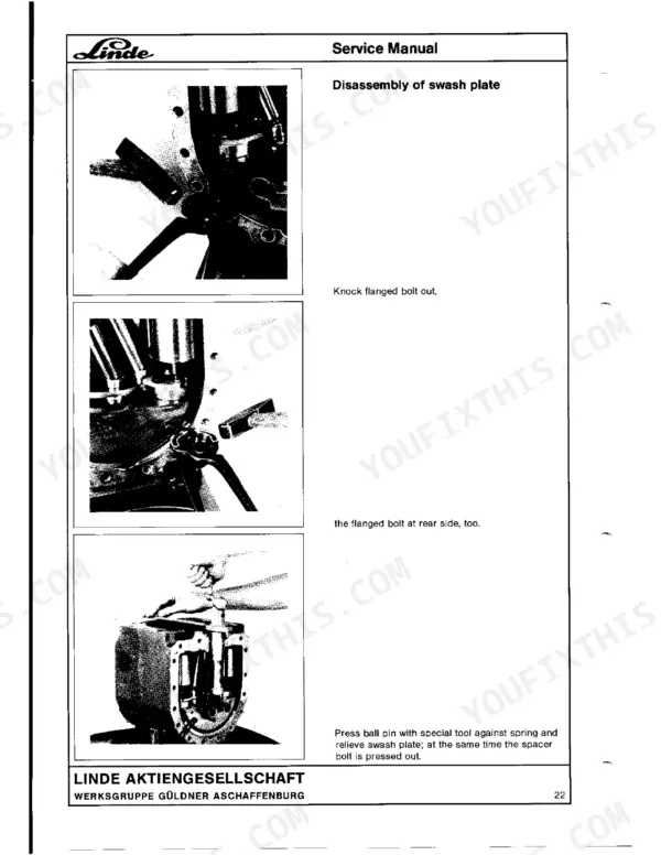 Linde BPV 200 service manual page 22 showing procedures for disassembly of the swash plate, flanged bolts, and ball pin.