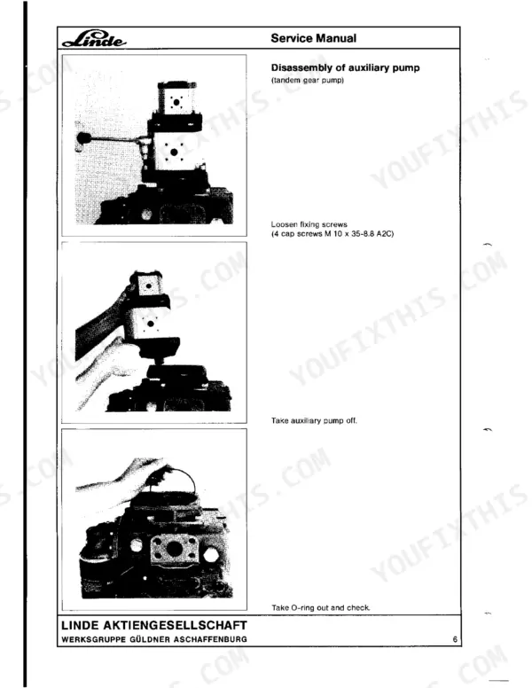 linde-bpv-200-variable-hydraulic-pump-service-manual-procedures-6.webp Linde BPV 200 service manual page showing disassembly steps for the auxiliary tandem gear pump and O-ring inspection.