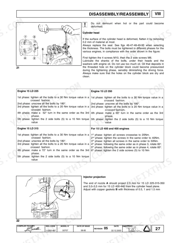 Lombardini 15 LD 225, 15 LD 315, 15 LD 350, 15 LD 400, 15 LD 440 cylinder head bolt tightening torque sequence and injector projection