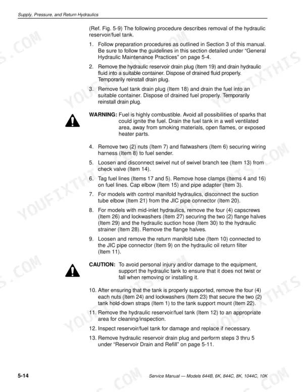 Lull 644B, 6K, 844C, 8K, 1044C, 10K service manual procedure for removing the hydraulic reservoir and fuel tank assembly.