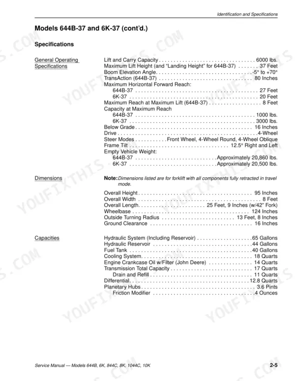 Lull 644B, 6K, 844C, 8K, 1044C, 10K service manual page showing operating specifications, dimensions, and fluid capacities table.