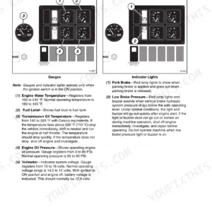 Lull 644D-34 instruments and controls page showing gauge and indicator light diagrams and operational descriptions.