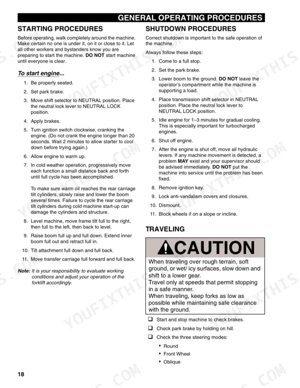 Lull 644D-34 general operating procedures for starting, shutdown, and traveling, including safety precautions and steering modes.