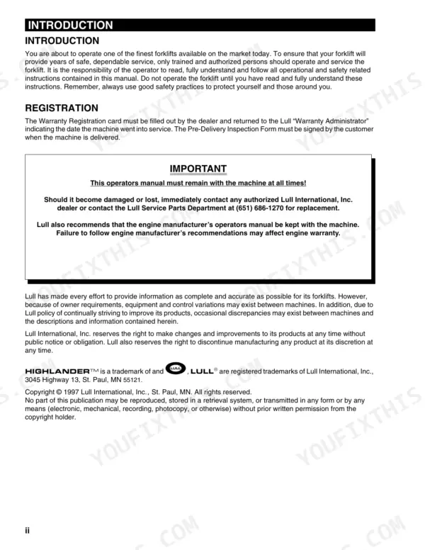 Lull 644D-34 operator manual introduction page with warranty registration and important manual storage instructions.