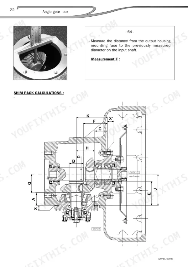 Manitou 15930, 15932, MLT 630/731, MLT 634/731, MT 732/932 angle gear box shim pack calculation diagram and measurement procedure.