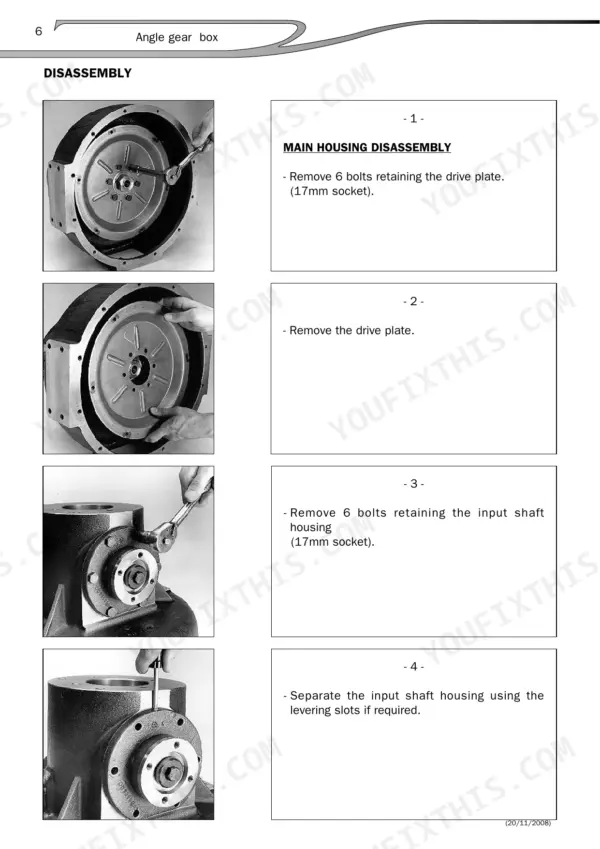 Manitou 15930, 15932, MLT 630 / 731 Turbo S.B-E2, MLT 634 / 731 Turbo LSU S.B-E2, MT 732 / 932 S.B-E2 angle gear box disassembly steps.