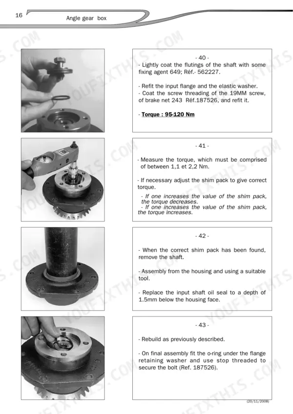Manitou 15930, 15932, MLT 630/731, MLT 634/731, MT 732/932 angle gear box assembly, shim adjustment, and oil seal installation steps.