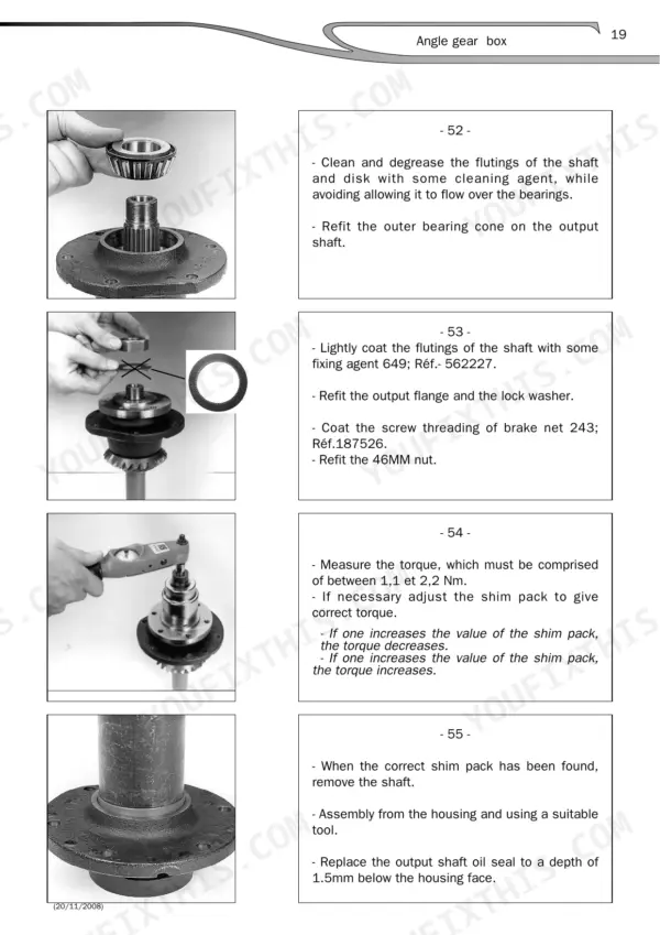 Manitou 15930, 15932, MLT 630/731, MLT 634/731, MT 732/932 angle gear box assembly, bearing installation, and torque adjustment steps.