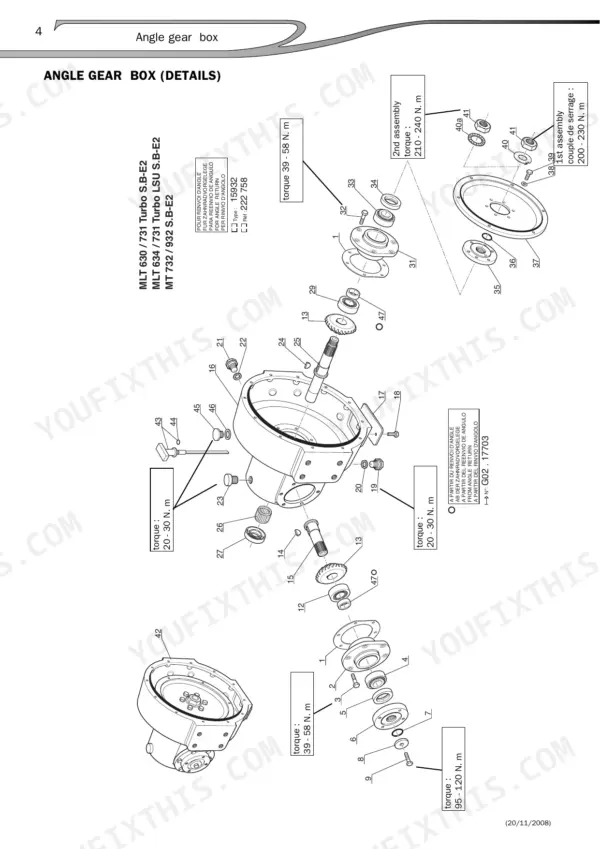 manitou-15930-15932-angle-gear-box-repair-manual-647058en-torque-6.webp Manitou 15930, 15932, MLT 630/731, MLT 634/731, MT 732/932 angle gear box exploded view with torque specifications.
