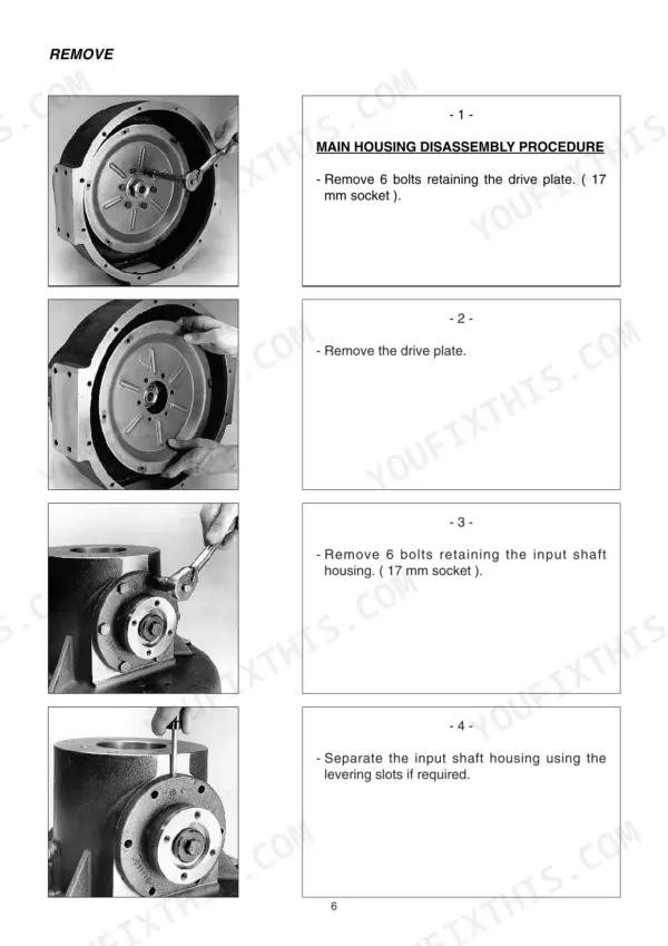 Bevel gear main housing disassembly, drive plate and input shaft housing bolts