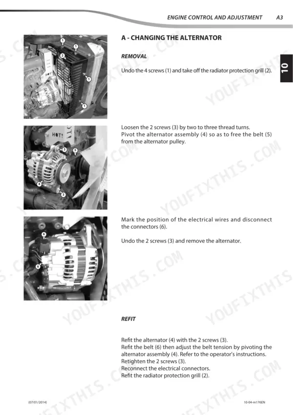 Manitou MT 625 Turbo, MT-X 625 Turbo, MT 625 T COMFORT, MT-X 625 T COMFORT, MLT 625-75 H, MLT-X 625-75 H alternator removal procedure.