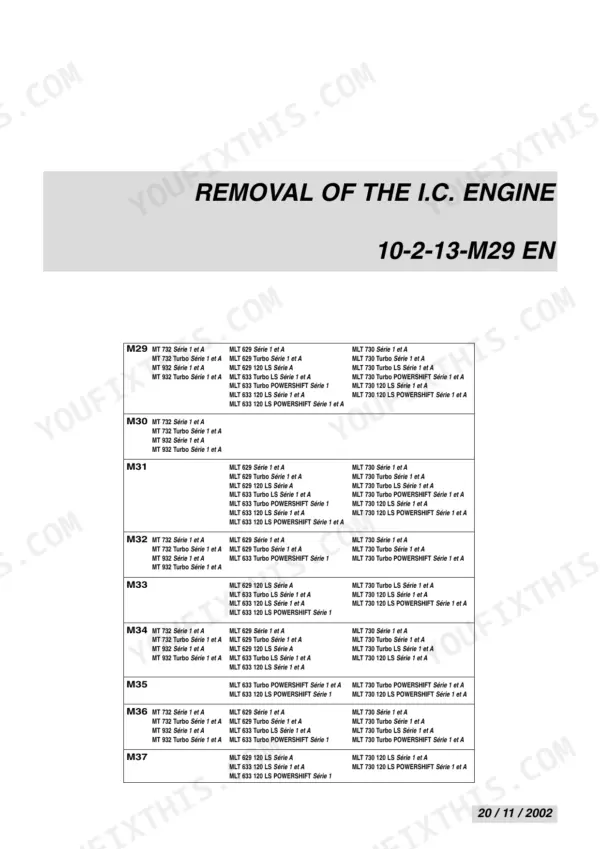 Manitou MT 732/932, MLT 629/633/730 Repair Manual — Engine Section Title Sheet, Removal of the I.C. Engine