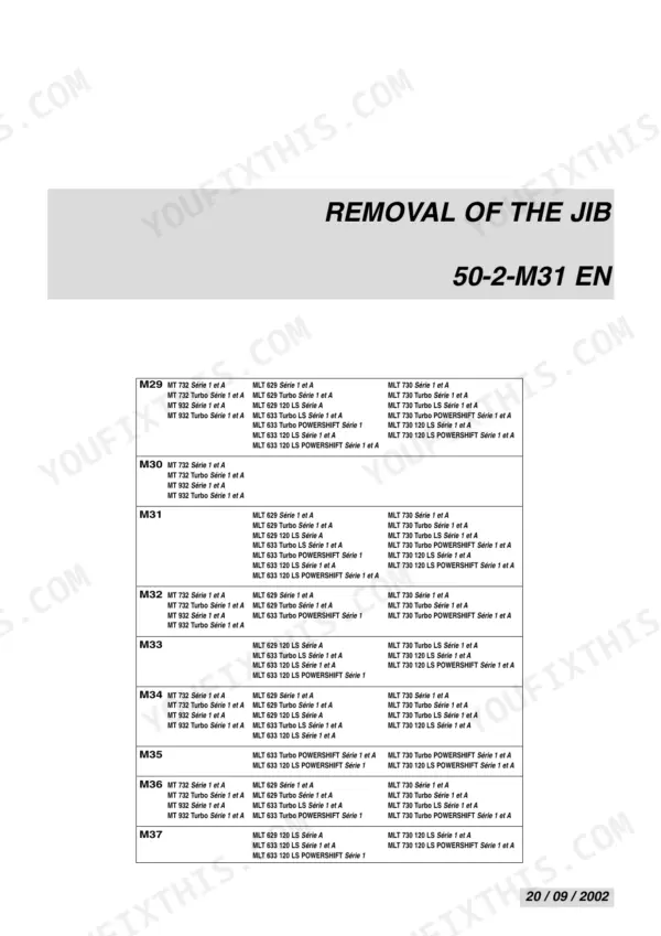 Manitou MT 732/932, MLT 629/633/730 Repair Manual — Boom Section Title Sheet, Removal of the Jib