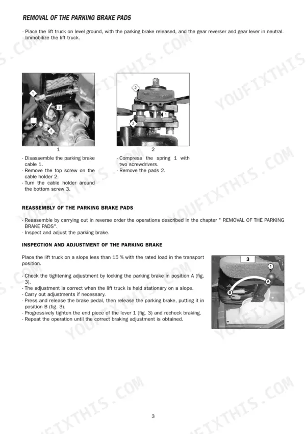 Removal of the parking brake pads, step-by-step procedure