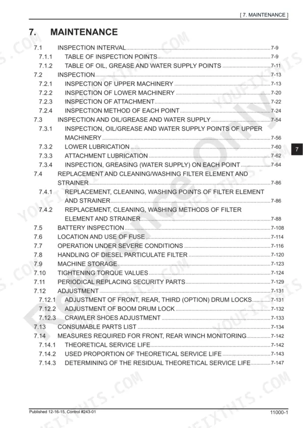 Manitowoc 11000-1 maintenance section table of contents listing inspection, lubrication, filter replacement, and adjustment procedures.
