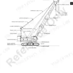 Manitowoc 11000-1 crane diagram showing terminology of machine parts including boom, gantry, counterweight, and travel components.