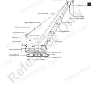 Manitowoc 11000-1 crane diagram showing terminology of machine parts including boom, gantry, counterweight, and travel components.