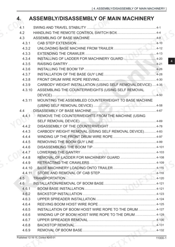 Manitowoc 11000-1 table of contents for assembly and disassembly of main machinery, counterweights, and boom components.
