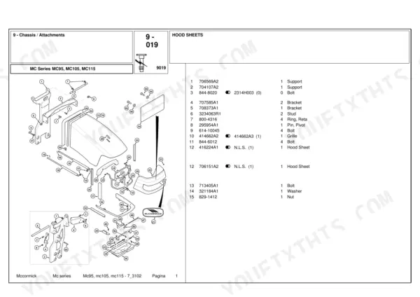 mccormick-mc95-mc105-mc115-tractor-parts-catalog-7-3102-0a77da-chassis-parts-447 McCormick MC95, MC105, MC115 exploded view diagram of hood sheets, brackets, and grille assembly with parts list.