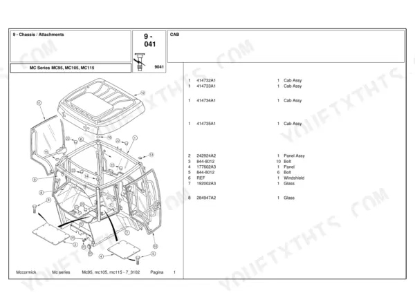 McCormick MC95, MC105, MC115 exploded view diagram of tractor cab assembly, roof, glass, and mounting hardware parts list.