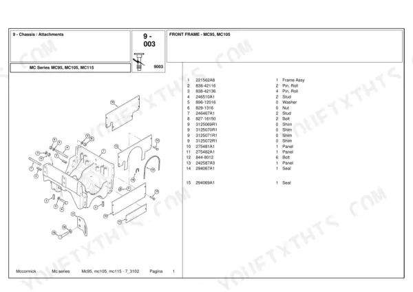 McCormick MC95, MC105, MC115 exploded view diagram of front frame assembly with numbered parts list and hardware components.