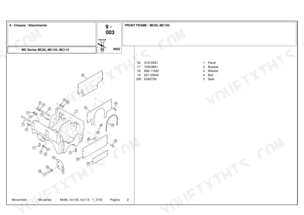 McCormick MC95, MC105, MC115 exploded view diagram of front frame chassis components and parts list.