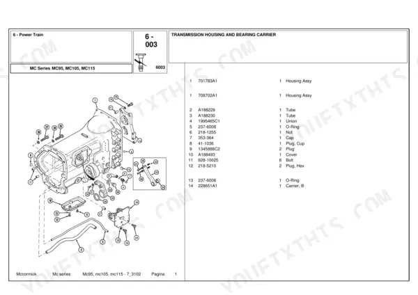 McCormick MC95, MC105, MC115 exploded view of transmission housing and bearing carrier with parts list and reference numbers.
