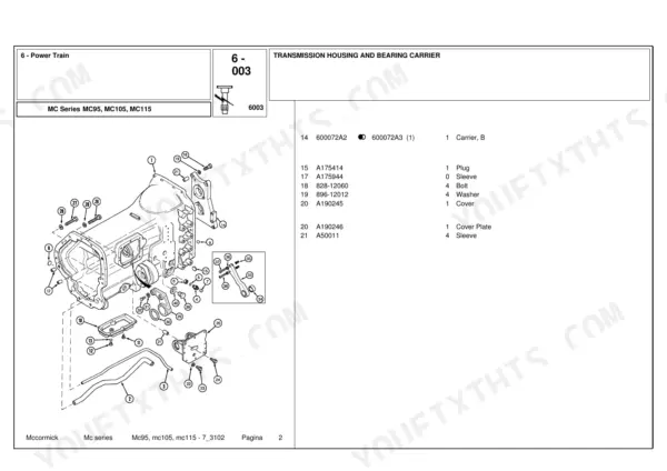 McCormick MC95, MC105, MC115 exploded view of transmission housing, bearing carrier, and associated hardware parts list.