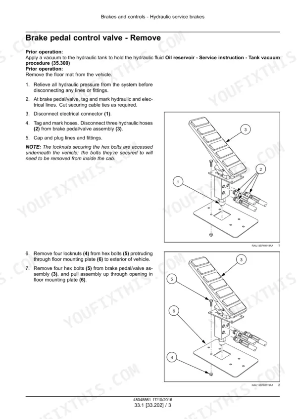 miller-nitro-6300-6345-6500-service-manual-brakes-and-controls-226-1.webp Miller Nitro 6300, 6345, 6500 brake pedal control valve removal steps with pedal assembly drawings