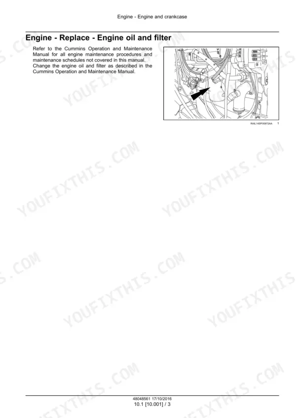 Miller Nitro 6300, 6345, 6500 engine oil and filter replacement page with a location drawing, referring to the Cummins maintenance manual