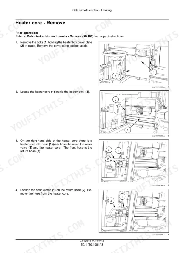 Miller Nitro 7310 heater core removal procedure with photos of the heater box cover plate and hose connections