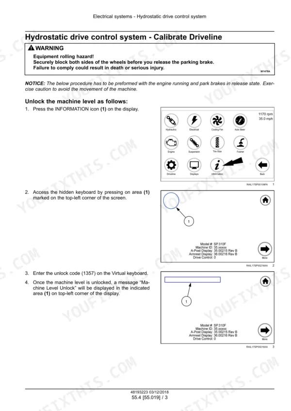 Miller Nitro 7310 hydrostatic drive control system Calibrate Driveline procedure with display screens