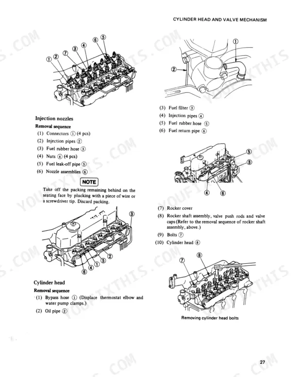 Mitsubishi 4DQ5, S4E, S4E2, FDC20, FDC25 cylinder head and valve mechanism removal procedures and component diagrams.