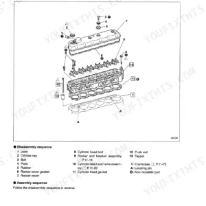Mitsubishi 6D14/6D15/6D16 exploded view of cylinder head, rocker cover, and valve mechanism components.