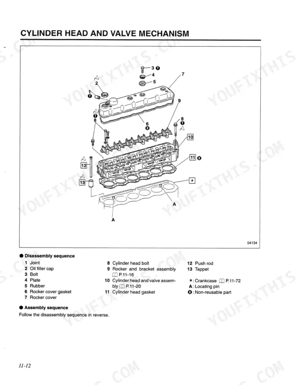 mitsubishi-6d14-variants-diesel-engine-shop-manual-97821-02030-exploded-view-39.webp Mitsubishi 6D14/6D15/6D16 exploded view of cylinder head, rocker cover, and valve mechanism components.