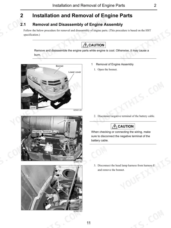 Cub Cadet 7530, 7532 service manual: procedure for engine assembly removal, bonnet opening, and battery cable disconnection.