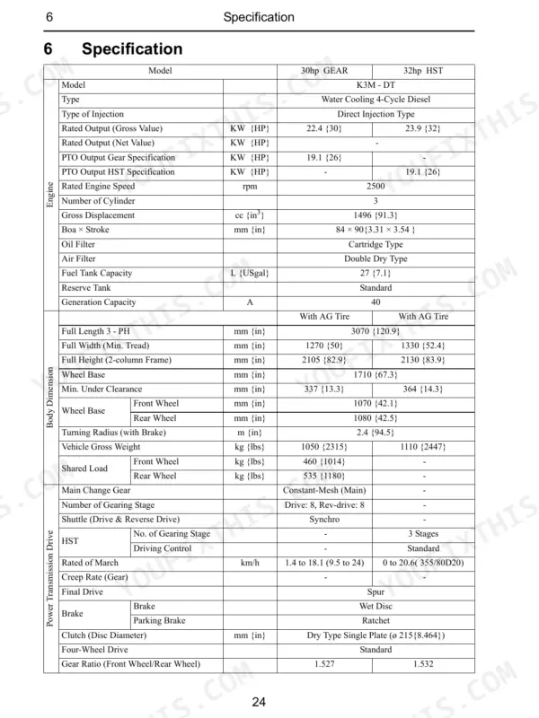 Cub Cadet 7530, 7532 technical specification table for K3M-DT engine, body dimensions, and power transmission drive systems.