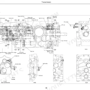 Cub Cadet 7530, 7532 transmission system diagram showing main shift, range shift, PTO, 4WD, and sub gearing fork components.